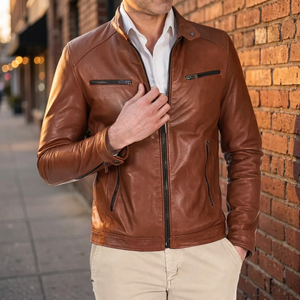 Men's <b>Brown</b> Genuine Leather Moto <b>Jacket</b> Stand Collar Zipper Closure Slim Fit Autumn Style Regular Sleeve - Product Image 4