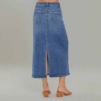 Rok Denim Midi Pensil Kasual Elegan Wanita, Rok Jeans Panjang Berpinggang Tinggi