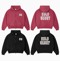 Sweat à capuche zippé pour homme en molleton épais personnalisé, délavé à l'acide, avec broderie de patchs en strass, épaules tombantes, style streetwear rétro