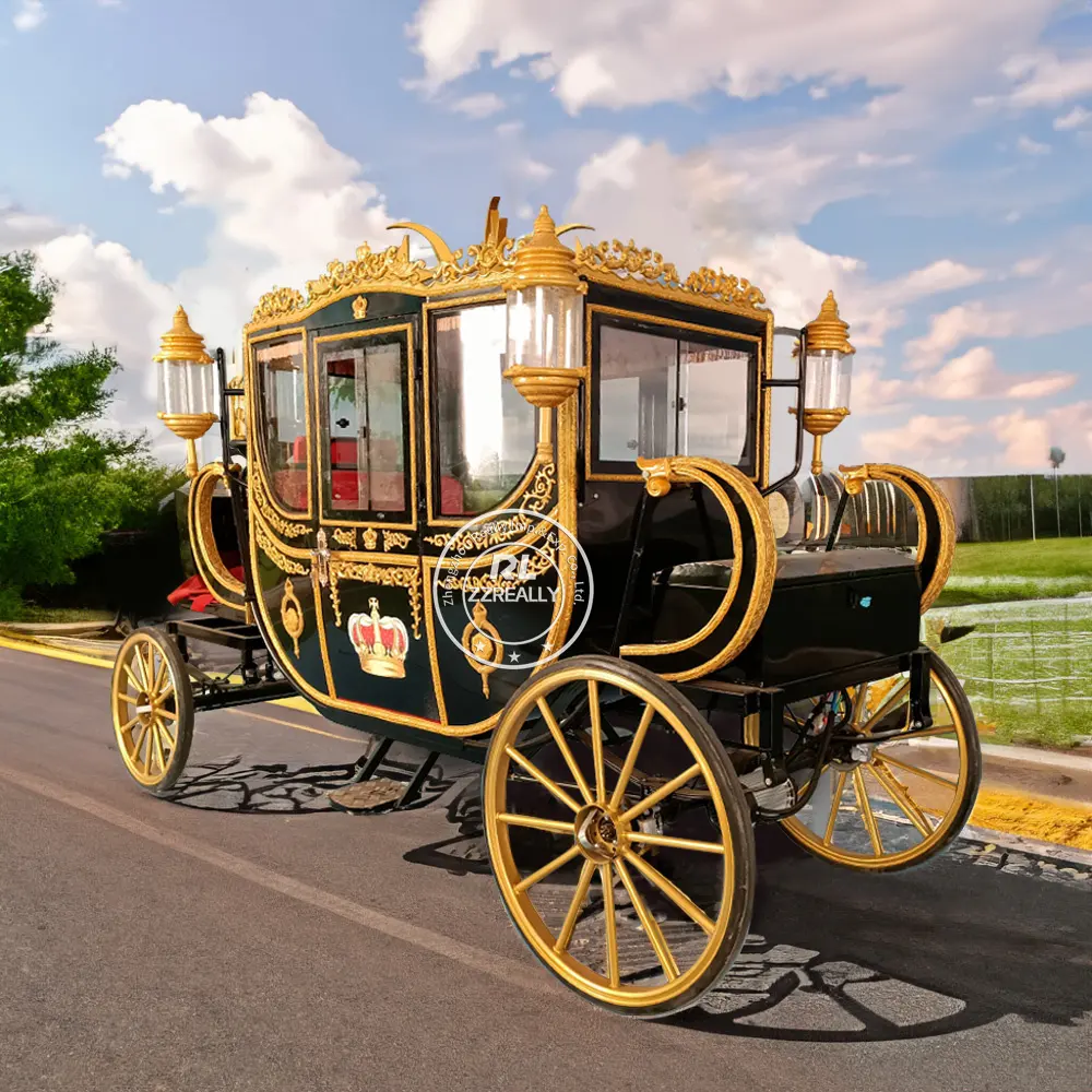 2024 Royal Horseless Carriage dengan lampu LED, AC dan suara mewah empat roda kereta kuda untuk pernikahan