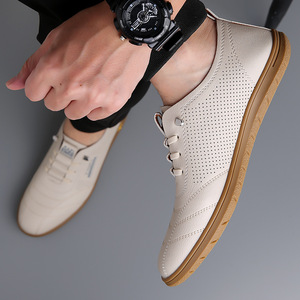 Mocasines de cuero blanco I3OPA para hombre, zapatos para conducir con cordones transpirables y punta redonda, suela de goma con forro de malla informal de verano - Product Image 4