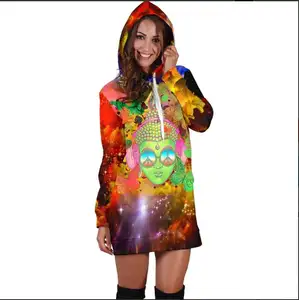 Polyester Spandex kapüşonlu elbise benzersiz özel tasarım Psychedelic buda kapüşonlu Sweatshirt elbise toptan rahat kadın giyim