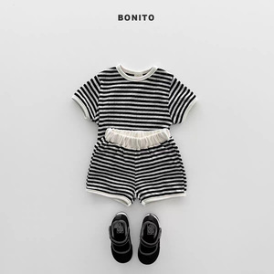 Neues Sommer-Streifenoutfit aus Reiner Baumwolle für Jungen Kurzärmeliges T-Shirt und Shorts Zweiteiliges <span class=keywords><strong>Set</strong></span> - Product Image 2