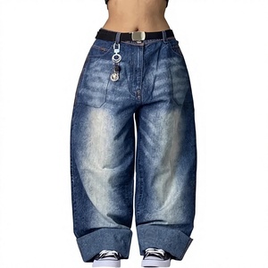 Pantalon cargo en jean délavé taille haute pour femme, coupe ample, longueur intégrale, avec cordon de serrage, décontracté, écologique, idéal pour l'été - Product Image 1