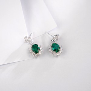 925 Silver Oval <b>Emerald</b> Halo Drop <b>Stud</b> <b>Earrings</b> - Product Image 3
