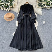 Robe longue élégante pour femmes, rouge, à manches longues, avec empiècements en dentelle, coupe évasée, avec ceinture, pour les occasions décontractées, les fêtes, les vêtements de tous les jours, robes décontractées