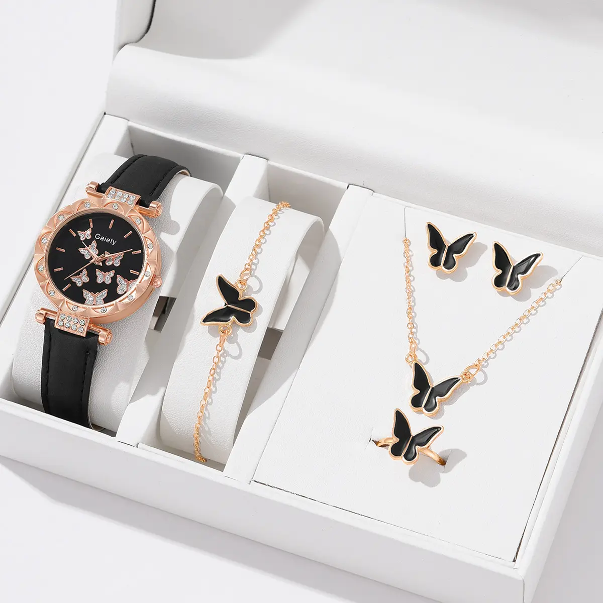 Luxury Watch Women Ring Necklace Earrings Bracelet Set Watches Butterfly Leather Strap Ladies Quartz WristWatch No Box