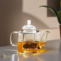 Théière en verre borosilicate transparent épais de 350 ml, résistante à la chaleur, à fond carré, avec infuseur à thé et couvercle en verre soufflé à la main