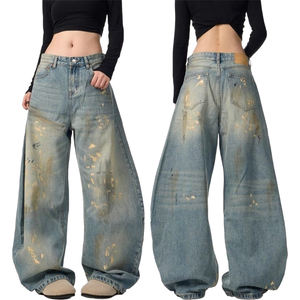 Celana <span class=keywords><strong>Jeans</strong></span> Wanita Model Baggy Y2K Streetwear dengan Motif Grafiti Pisau Lengkung, Celana Denim Kaki Lebar Vintage Cetak 90an dengan Kantong - Product Image 3