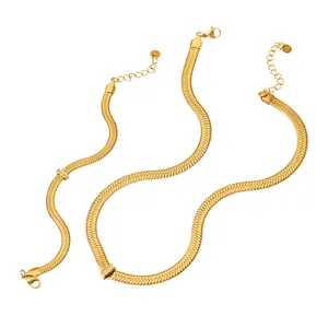 Simple Design Stylish 316l Stainless Steel Flat Snake Chain Zircon Gold Plated Necklace And Bracelet Jewelry Set