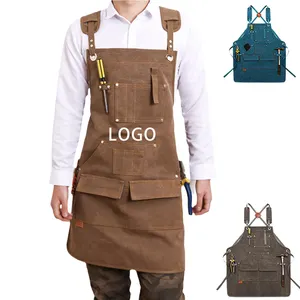 Custom Logo Bbq Restaurant Beauty Salon Barista Cafe Coffee Shop Bakery Denim Canvas Chef Kitchen Apron With Leather Strap