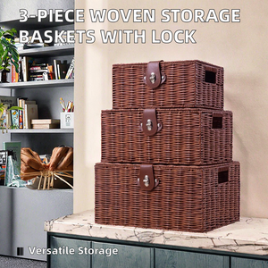 3-Piece Modern Eco-Friendly PE Woven <b>Wicker</b> Storage <b>Basket</b> Organizer with Cover Lock Multi-Purpose Home Storage Built-In <b>Handle</b> - Product Image 2