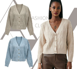 Cárdigan Corto de Punto Trenzado con Cuello en V y Botones de Flores con Pedrería para Mujer, Cárdigan de Punto Trenzado Color Beige Avena con Diseño Jacquard de Espiga de Trigo - Product Image 4