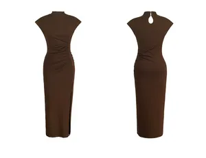 ZYHT6232春の女性の服の衣装ドレスボディコンセクシーなソリッドスタンドカラー半袖ロングスプリットドレスエレガントカジュアルドレス