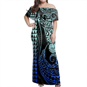 Robe longue à épaules dénudées <span class=keywords><strong>Tahiti</strong></span> bleu Hibicus blanc vente en gros robe à épaules dénudées par sublimation robe à volants <span class=keywords><strong>Polynésie</strong></span> personnalisée - Product Image 1