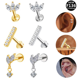Boucles d'oreilles en titane avec incrustation de zircon, tige G23 pour piercing de l'os de l'oreille, bijoux de mode, alliage de titane ASTM F136 - Product Image 1