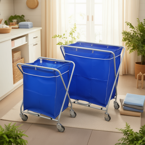 Cesto per Bucato Pieghevole 343 L Blu con Telaio in Acciaio e Ruote per Uso Domestico - Product Image 3