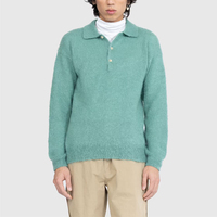 Polo en maille de mohair brossé de luxe sur mesure pour homme, pull doux en laine mohair à boutons, tricoté et duveteux