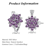 Vente en gros usine – Parure de bijoux en argent sterling 925 plaqué rhodium avec améthyste naturelle en forme de fleur pour femme, idéale pour les fêtes et comme cadeau