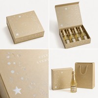 Boîte cadeau miniature personnalisée pour 4 bouteilles de champagne, pack de fête, champagne or perle, carton avec emballage en feuille d'aluminium argentée