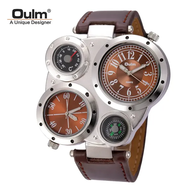 Oulm 9415 Sports Men's Quartz Watches Compass Thermometer Leather Strap Luminescent Pointer Dual Time Zone Quartz Watch for Men
