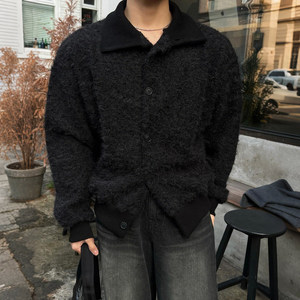 Custom Faux Fur & Mohair Collared Jacket Men Oversized Button up <b>Fluffy</b> Fuzzy Knit Winter Streetwear Cropped Coat - Product Image 6