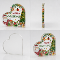 Plaque de Noël personnalisée en acrylique transparent épais en forme de cœur, décor de table mignon avec Père Noël, bloc de Noël en acrylique en forme de cœur