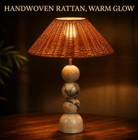 Lampe de table, lampe de chevet, abat-jour en rotin, base en marbre naturel, E27, fer tissé à la main, salon, chambre à coucher, table d'appoint, console, salon