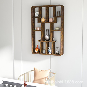 Solid Wood Wall Mounted Display <b>Shelf</b> Rectangle Modern Chinese Style Storage Rack For Living Room Tea Set Ornament Cabinet - Product Image 3