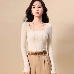 Maglietta da <span class=keywords><strong>donna</strong></span> autunnale a maniche lunghe in stile occidentale <span class=keywords><strong>con</strong></span> scollo ampio e <span class=keywords><strong>colletto</strong></span> quadrato, tinta unita. - Product Image 3