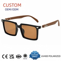 Lunettes de soleil carrées élégantes à monture intégrale, design flatteur pour grands visages, branches en TR motif bois, polarisées, protection UV, confortables