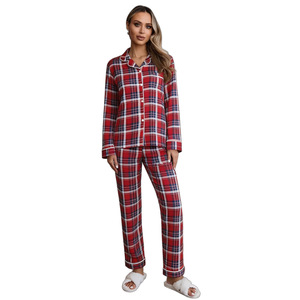 Conjunto de Pijama Feminino Vermelho Xadrez de Natal com Gola Notch, Manga Longa e Calça Comprida, em Viscose Macia, Tamanhos Grandes Personalizados - Product Image 5