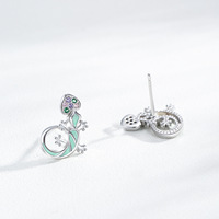 Pendientes de Plata de Ley S925 con Esmalte de Gecko y Lagarto, Incrustados con Circonitas Pequeñas, Pendientes de Animales Lindos, Joyería de Moda para Mujer