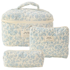 Hot <strong>Sale</strong> Women's Lightweight Blue Gingham Makeup Pouch Small Floral Canvas <strong>Cosmetic</strong> <strong>Bag</strong> for Travel Cute &amp; Practical - Product Image 2