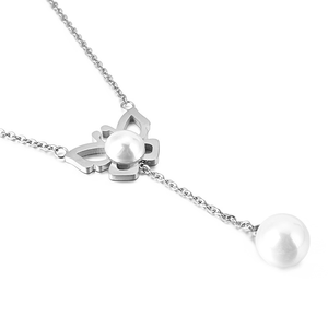 Collier pendentif fleur en perles plaqué or, chaîne lariat en acier inoxydable 316L pour femme, idéal pour les tenues décontractées et les soirées, étanche et antirouille - Product Image 1