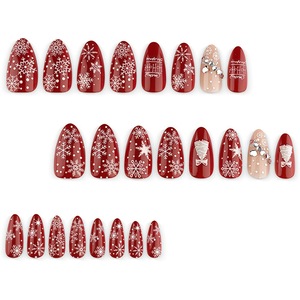 24 Uñas Postizas de Lujo Color Borgoña para Navidad, con Diseño 3D de Copos de Nieve y Cadena, Forma de Almendra, para Venta al Por Mayor - Product Image 3