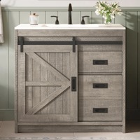 Meuble-lavabo de salle de bain style ferme avec porte coulissante, lavabo intégré et 3 tiroirs, gris bois flotté