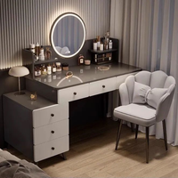 Coiffeuse moderne minimaliste en panneaux de bois avec miroir sur pied, tiroirs et chaise pour chambres féminines - Couleur personnalisable, ensemble complet