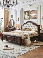 Lit double en bois massif de style américain avec tête de lit rembourrée en cuir et coffre de rangement haute capacité, design vintage