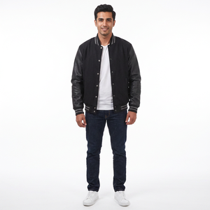 Custom Men's Varsity Baseball Bomber Jacket College Letterman with Faux <b>Leather</b> Sleeves and Stand Collar Featuring Front Logo - Product Image 1