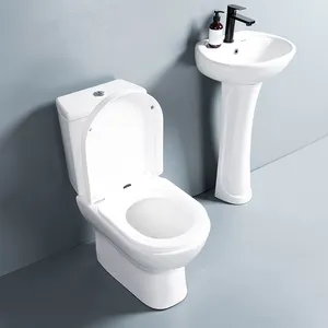 Set Toilet Berdiri Lantai Keramik Kustom Kamar Mandi Mencuci Dua Potong WC Toilet dengan Alas Wastafel