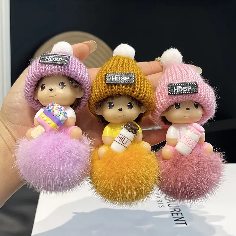 Mignon dessin animé enfants tricoté chapeau garçon véritable fourrure de vison poupée délicat cadeau d'anniversaire sac à dos pendentif à breloque porte-clés spécial