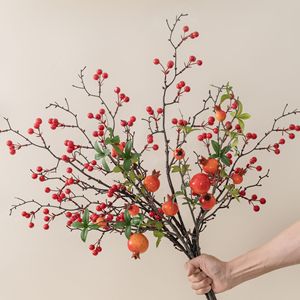 Ramas de Granada Artificiales de Cristal Rojo, Decoración de Boda de Espuma Rojo Anaranjado, Planta Artesanal de 6 Cabezas - Product Image 1