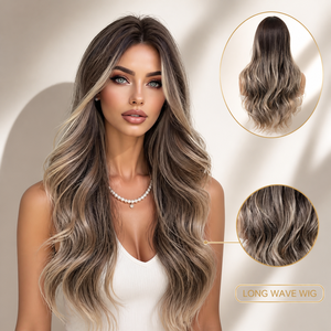 Perruque synthétique ondulée de 26 pouces, résistante à la chaleur, en soie, balayage brun-bronze mat, pour femmes, vente en gros d'usine - Product Image 1