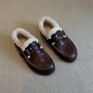 Genuine Leather Retro Women <b>Shoes</b> Belt Buckle Design Warm Furry Lined Slip-on <b>Shoes</b> Winter Warm Wrap-heel Cotton <b>Shoes</b> - Product Image 1