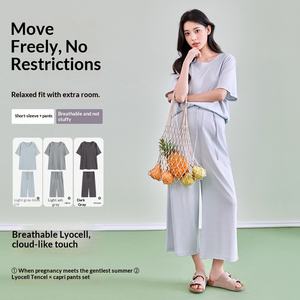 Ensemble de maternité décontracté printemps-été style coréen, col <span class=keywords><strong>ample</strong></span>, manches courtes, <span class=keywords><strong>pantalon</strong></span> court, grande taille, vêtements de <span class=keywords><strong>grossesse</strong></span> et d'intérieur - Product Image 3