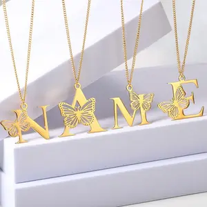 Nieuw Ontwerp Roestvrij Staal 26 Initialen Holle Vlinder Hanger Ketting 18K Verguld A-Z 26 Letter Ketting