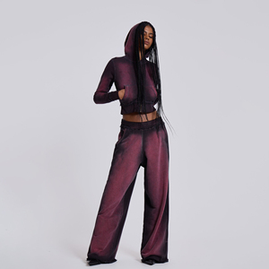 Tùy Chỉnh Mặt Trời Faded Axit Rửa Công Nghệ Terry Crop Áo Và Sweatpants Sweatsuits Tracksuits Chà Bộ Chạy Bộ Chạy Bộ Phù Hợp Với - Product Image 3