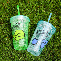 Gobelet isotherme en plastique à double paroi de 450 ml avec paille, pour gel réfrigérant et glace pilée, idéal pour boissons fraîches d'été, portable et réutilisable, tasse de voyage