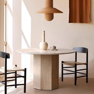 Table à manger ronde en bois massif avec plateau en marbre, design minimaliste, idéale pour les petits appartements, structure stable - Product Image 2